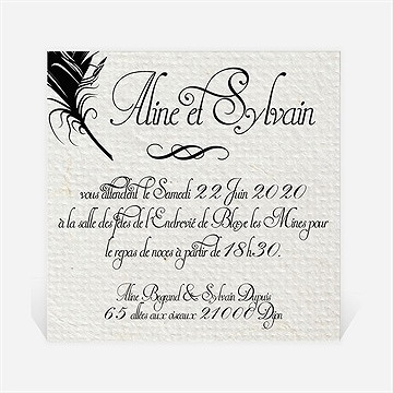 Carton d'invitation mariage plume noire