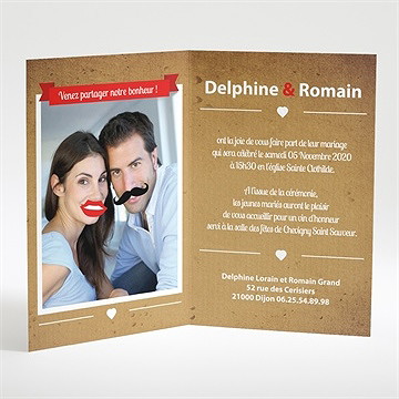 Faire-part mariage rouge à lèvres et moustache - Intérieur du faire-part