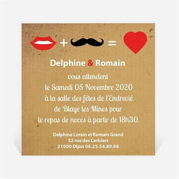 Carton d'invitation mariage rouge à lèvres et moustache