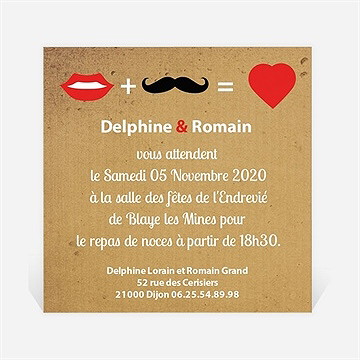 Carton d'invitation mariage rouge à lèvres et moustache