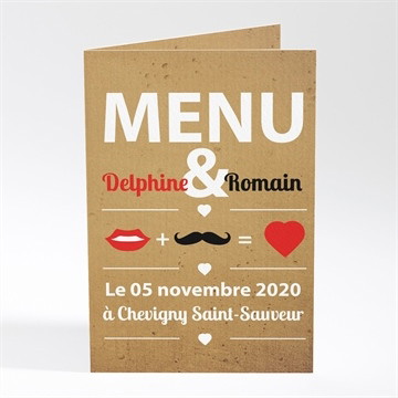 Menu mariage rouge à lèvres et moustache