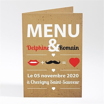 Menu mariage rouge à lèvres et moustache