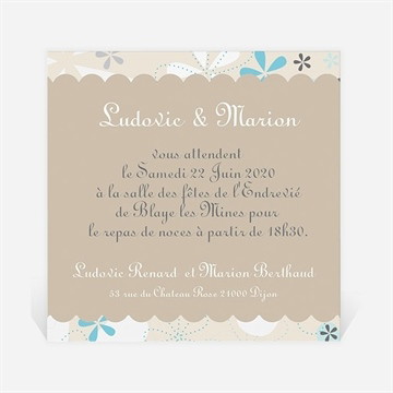 Carton d'invitation mariage petits flocons bleu et beige