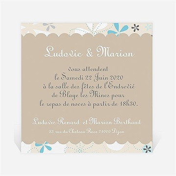Carton d'invitation mariage petits flocons bleu et beige