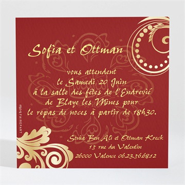 Carton d'invitation mariage rouge et or