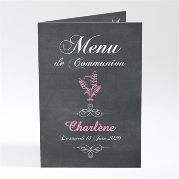 Menu communion fond ardoise et photo