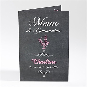 Menu communion fond ardoise et photo