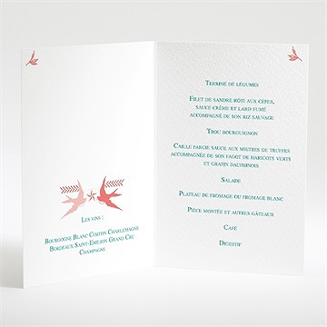 Menu mariage jolis oiseaux messagers - Intérieur du menu