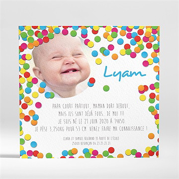 Faire-part naissance cotillons multicolores - Dos du faire-part