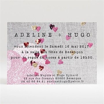 Carton d'invitation mariage bouquet de fleurs et coeurs