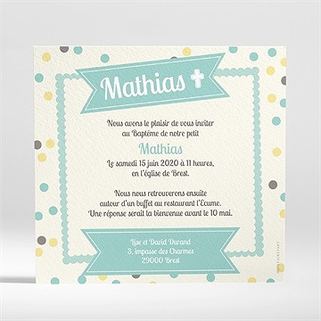 Faire-part de baptême pois et confettis garçon - Dos du faire-part