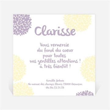 Remerciement naissance motifs fleuris et originaux