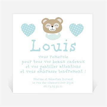Remerciement naissance joli ourson garçon