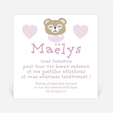 Remerciement naissance petite oursonne mignonne