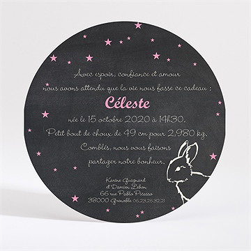 Faire-part naissance petit lapin ardoise rond - Dos du faire-part