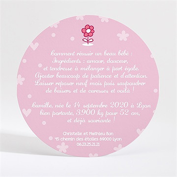 Faire-part naissance joli lapin rose - Dos du faire-part