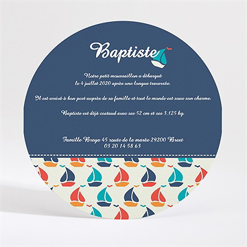 Faire-part naissance motifs bateaux bleu rouge vert - Dos du faire-part