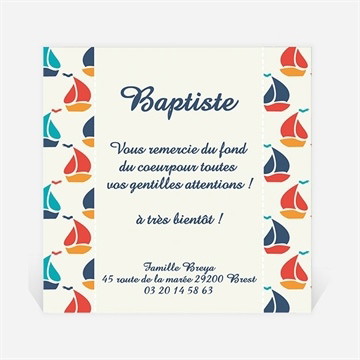 Remerciement naissance motifs bateaux bleu rouge vert