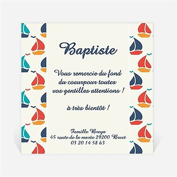 Remerciement naissance motifs bateaux bleu rouge vert