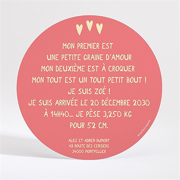 Faire-part naissance motifs coeurs en rond - Dos du faire-part
