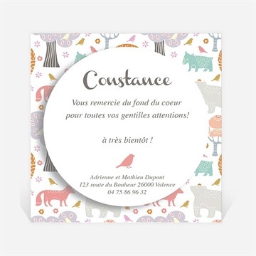 Remerciement naissance motifs animaux pastel