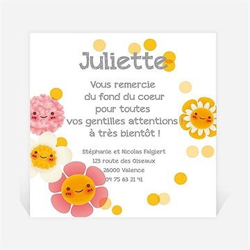 Remerciement naissance fleurs jaunes et douceur