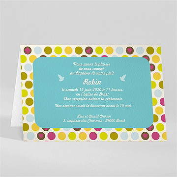 Faire-part de baptême confettis et petis pois - Dos du faire-part
