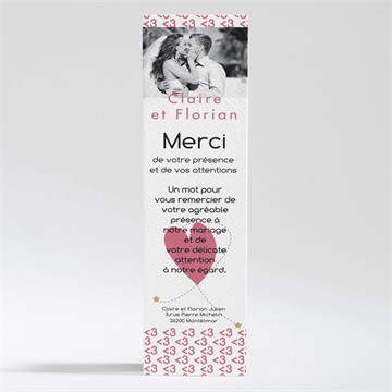 Remerciement mariage coeur et motifs rose