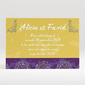 Carton d'invitation mariage medaillon jaune et violet