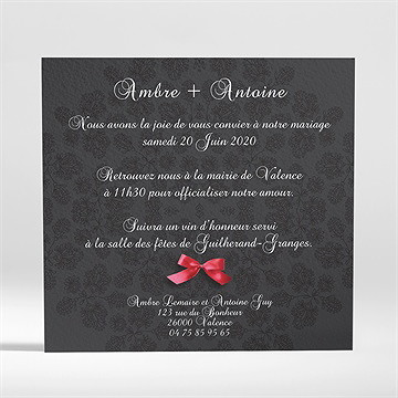 Faire-part mariage vintage noir et rouge - Dos du faire-part
