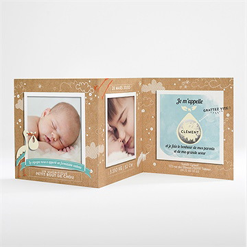 Faire-part naissance la cigogne en kraft garçon - Intérieur du faire-part gratté