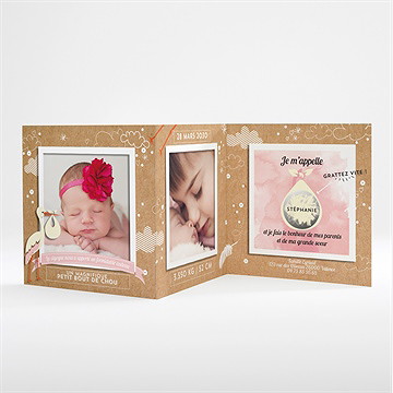 Faire-part naissance la cigogne en kraft fille - Intérieur du faire-part gratté