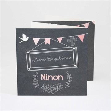 Faire-part de baptême fanions roses sur ardoise