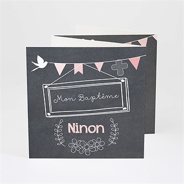 Faire-part de baptême fanions roses sur ardoise