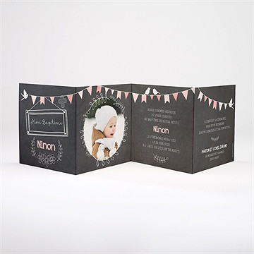 Faire-part de baptême fanions roses sur ardoise - Intérieur du faire-part