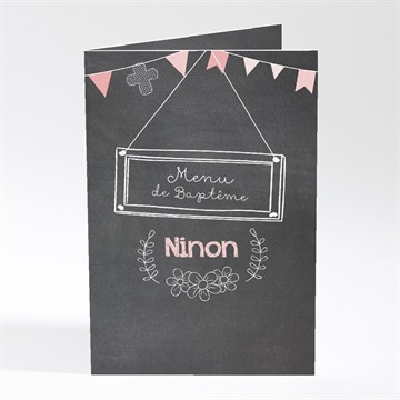 Menu baptême fanions roses sur ardoise