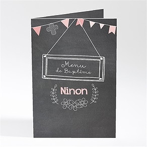 Menu baptême fanions roses sur ardoise