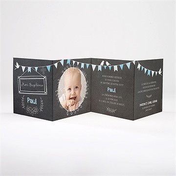 Faire-part de baptême fanions bleus sur ardoise - Intérieur du faire-part