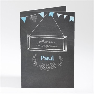 Menu baptême fanions bleus sur ardoise
