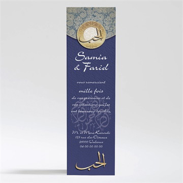 Remerciement mariage bleu nuit et or