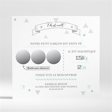 Faire-part naissance motifs et pastilles - Dos du faire-part non gratté