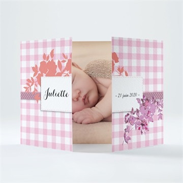 Faire-part naissance petit damier rose avec photo