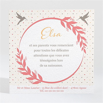 Remerciement naissance médaillon avec oiseaux