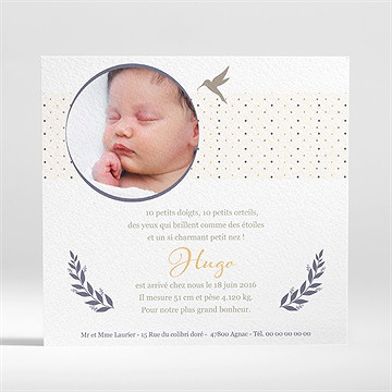 Faire-part naissance médaillon oiseau garçon - Dos du faire-part