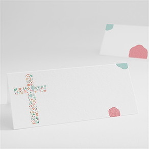 Marque-place baptême croix à motifs et pois