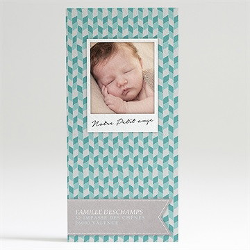 Faire-part de baptême fanions et mosaïque bleu - Dos du faire-part