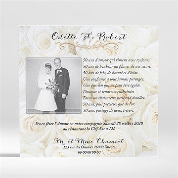 Invitation anniversaire de mariage lit de roses blanches - Dos du faire-part