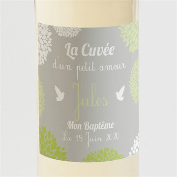 Etiquette de bouteille baptême cadre végétal chic