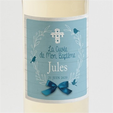 Etiquette de bouteille baptême noeud et croix