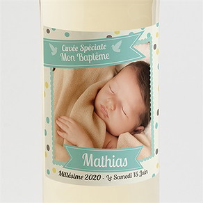 Etiquette de bouteille baptême pois et confettis garçon